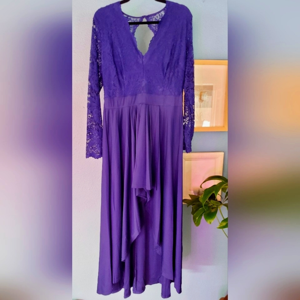 Womens Blue V neck Lace sleeve Hi Low Cocktail Party Dress Prom Evening XL